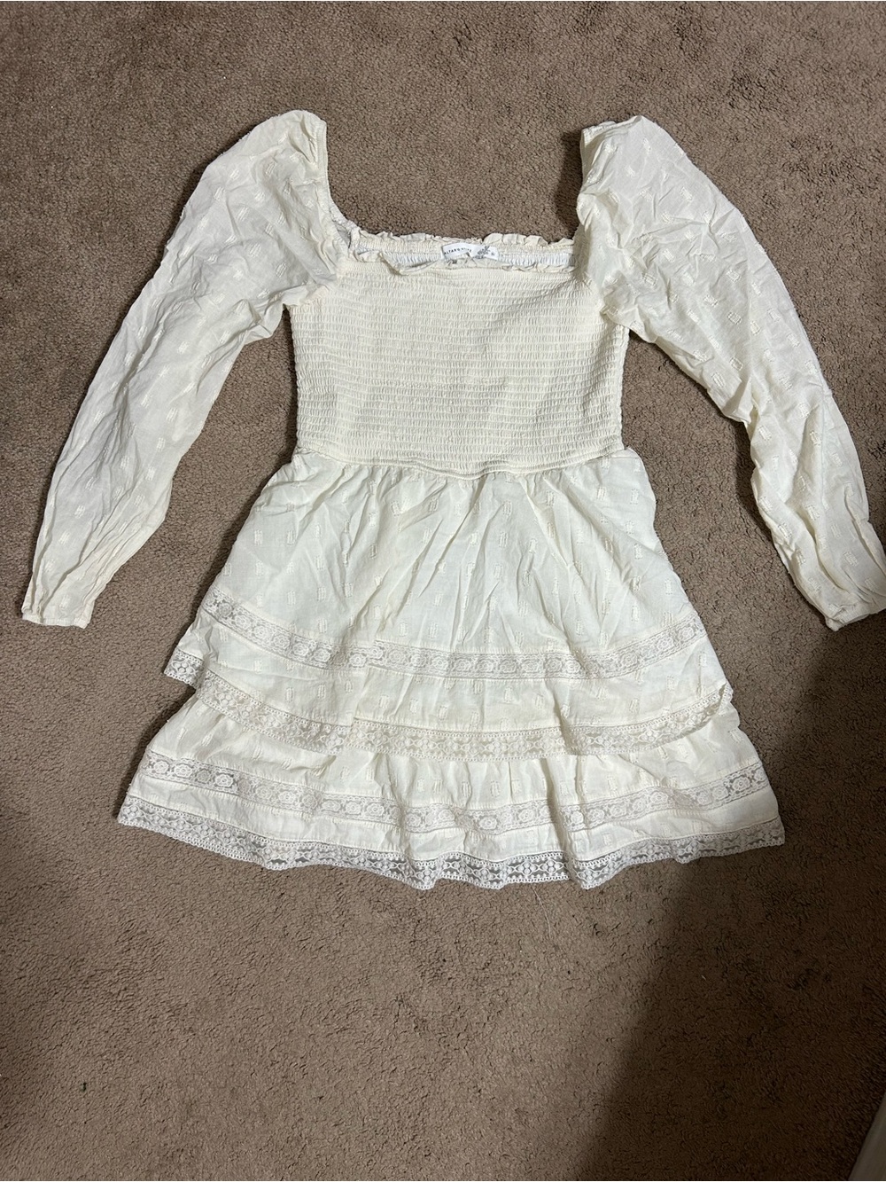 Altar'd State Cream Lace Tiered Dress with Puff Sleeves